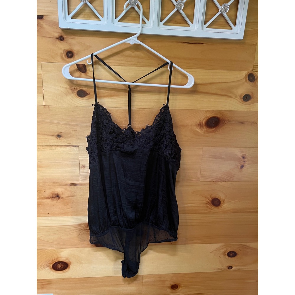 Intimately Free People Black Lace Satin T-Back Bodysuit Large OB68170